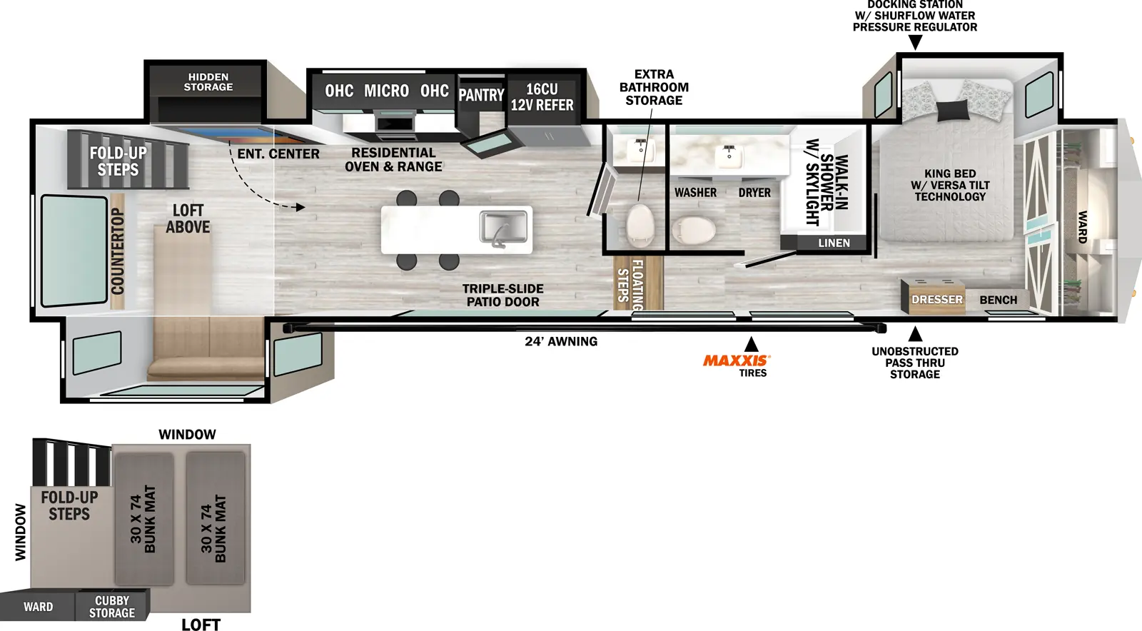 The Impression 44STAY floorplan has one entry and four slide outs. Exterior features include: fiberglass exterior and 24' awning. Interiors features include: loft, kitchen island, front bedroom, rear living and bathroom and a half.